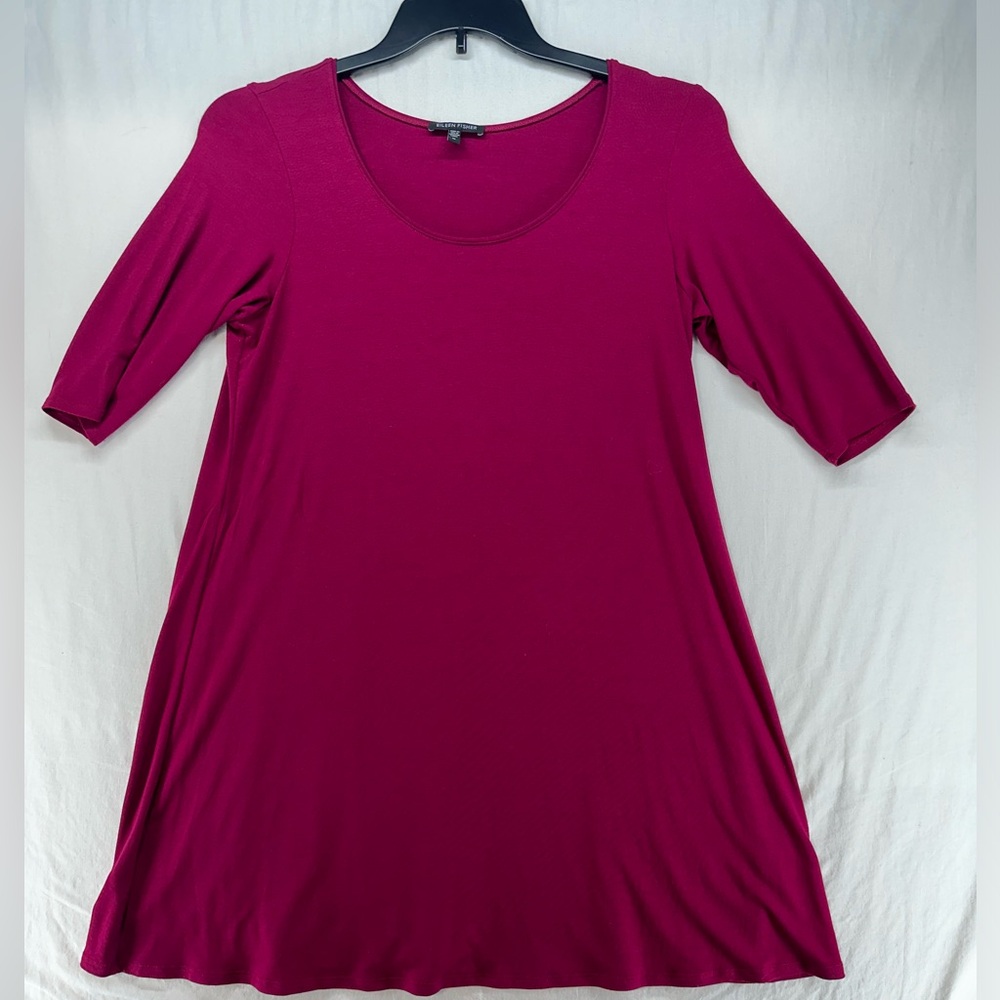 Eileen Fisher Burgundy Tunic Shirt Dress‎ 3/4 Sleeve Stretch Womens Size M